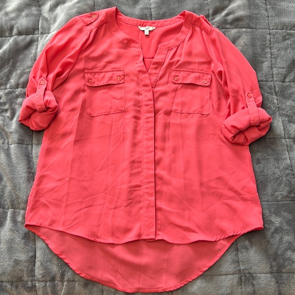 Coral Blouse with 3/4 Length Roll Up Sleeves - Picture 3 of 7